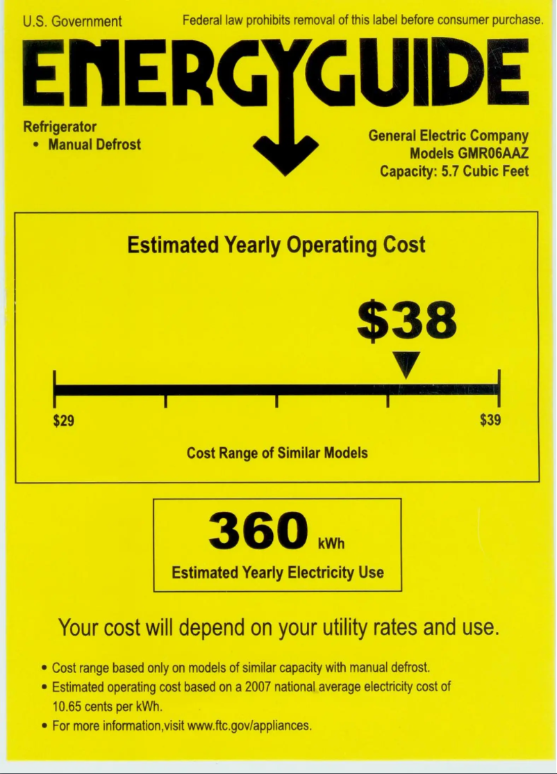 Page 1 de la notice Label énergétique GE GMR06AAZWW