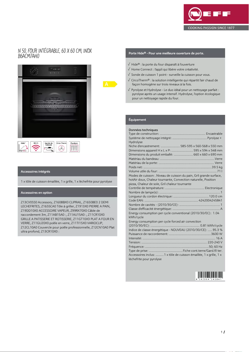 Page 1 de la notice Fiche technique Neff B6ACM7AH0