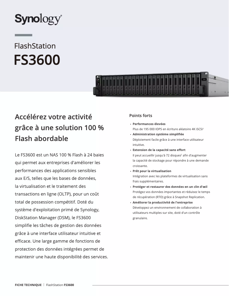 Page 1 de la notice Fiche technique Synology FS3600