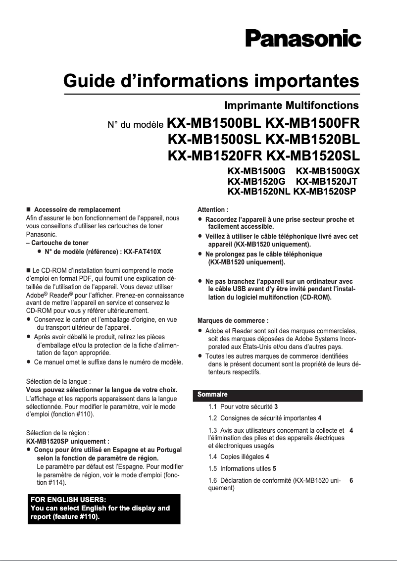 Page 1 de la notice Manuel utilisateur Panasonic KX-MB1520NL