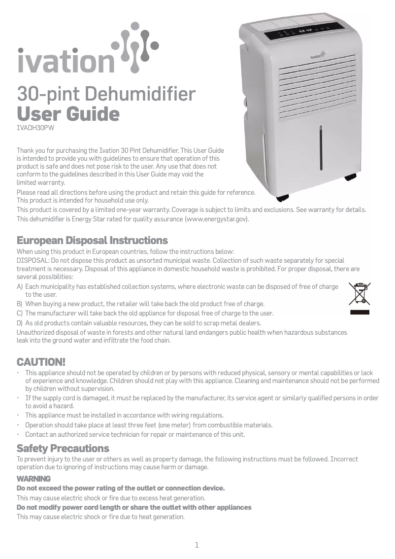 Page n°1 - Manuel utilisateur Ivation IVADH30PW