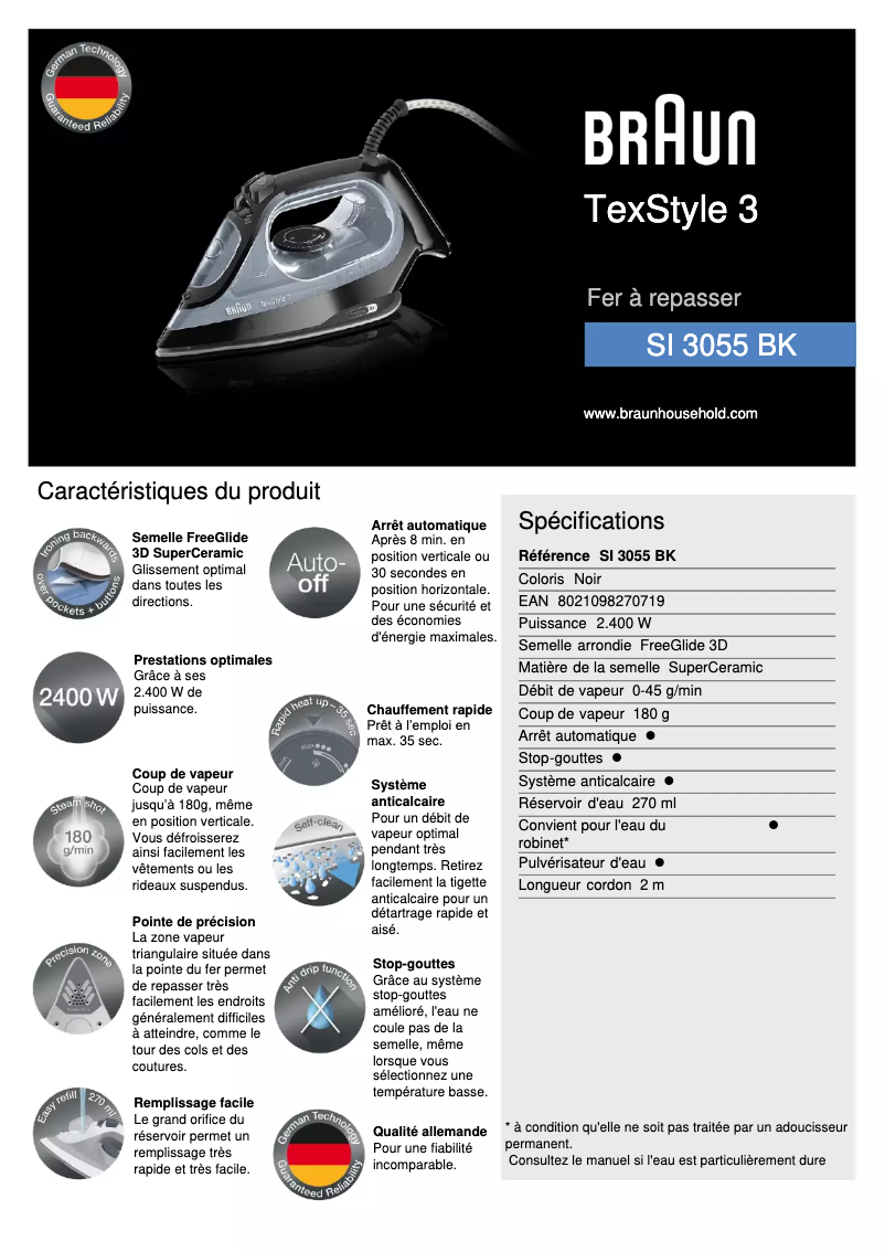 Page 1 de la notice Fiche technique Braun TexStyle 3 SI 3055