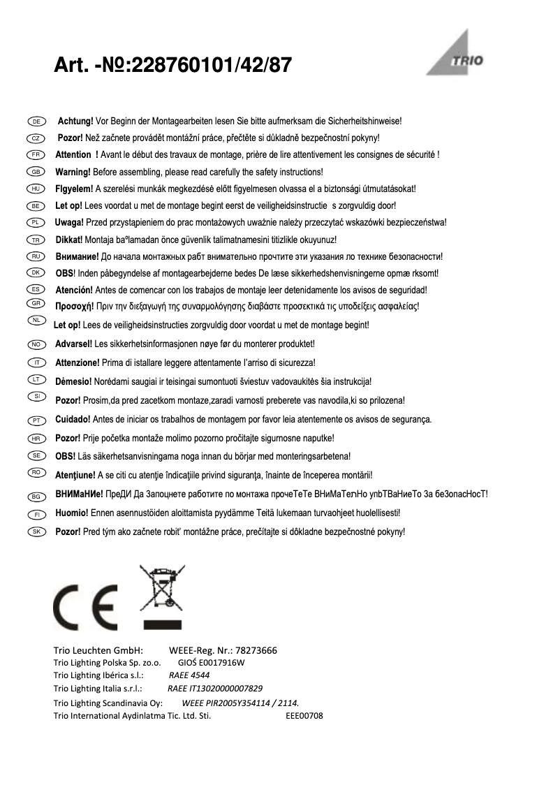 Page n°1 - Manuel utilisateur Trio Lighting Trave