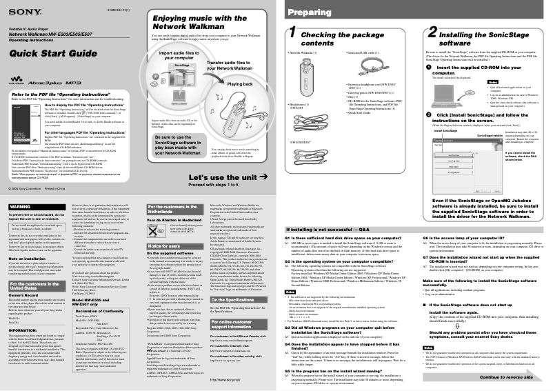 Page 1 de la notice Guide d'installation Sony Walkman NW-E505