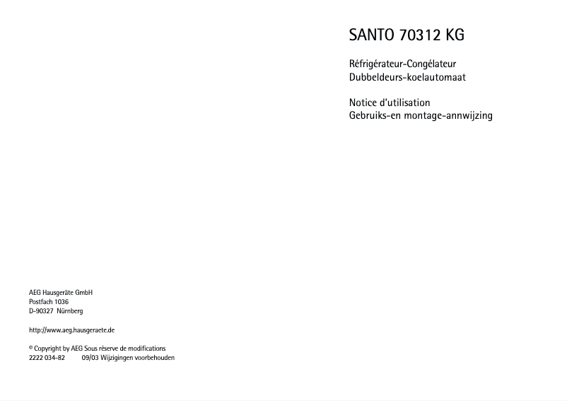 Page n°1 - Manuel utilisateur AEG Santo 70312 KG