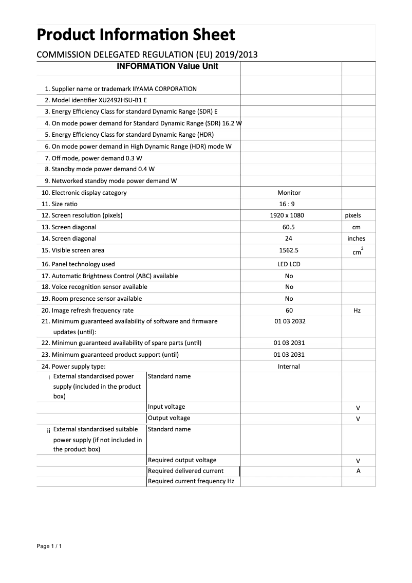 Page 1 de la notice Label énergétique Iiyama ProLite XU2492HSU