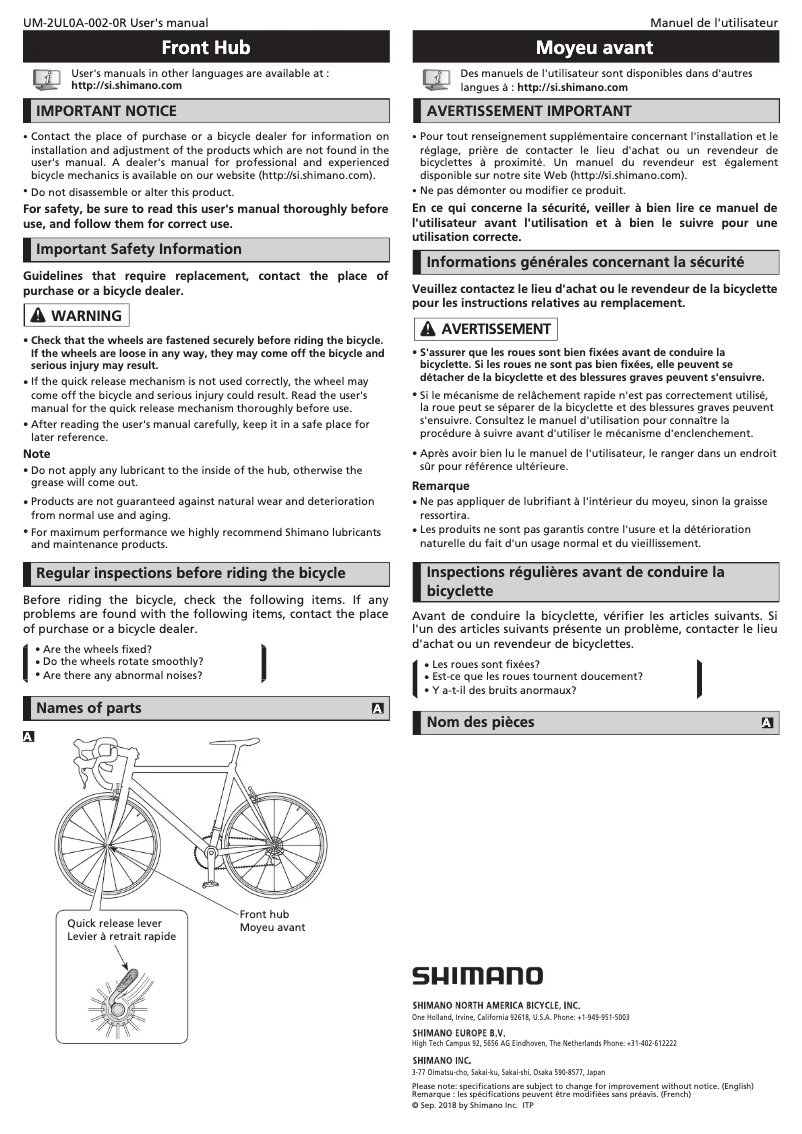 Page n°1 - Manuel utilisateur Shimano HB-TX800-NT