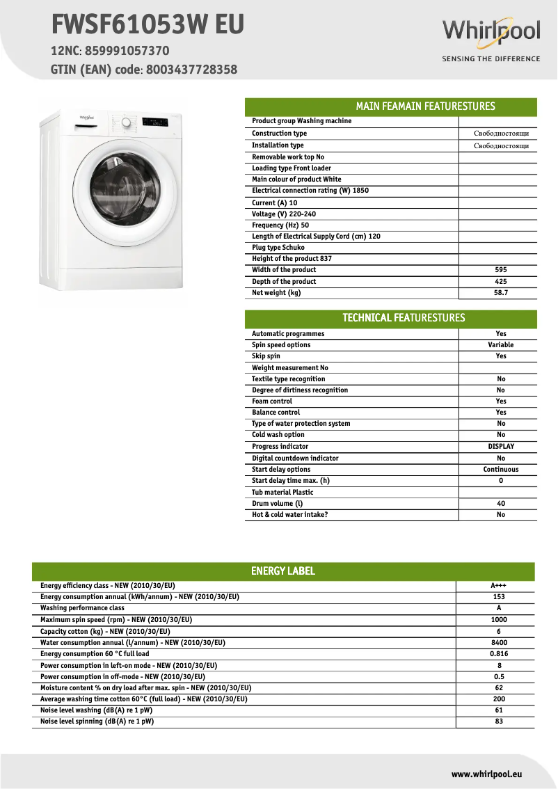 Page 1 de la notice Fiche technique Whirlpool FWSF61053W