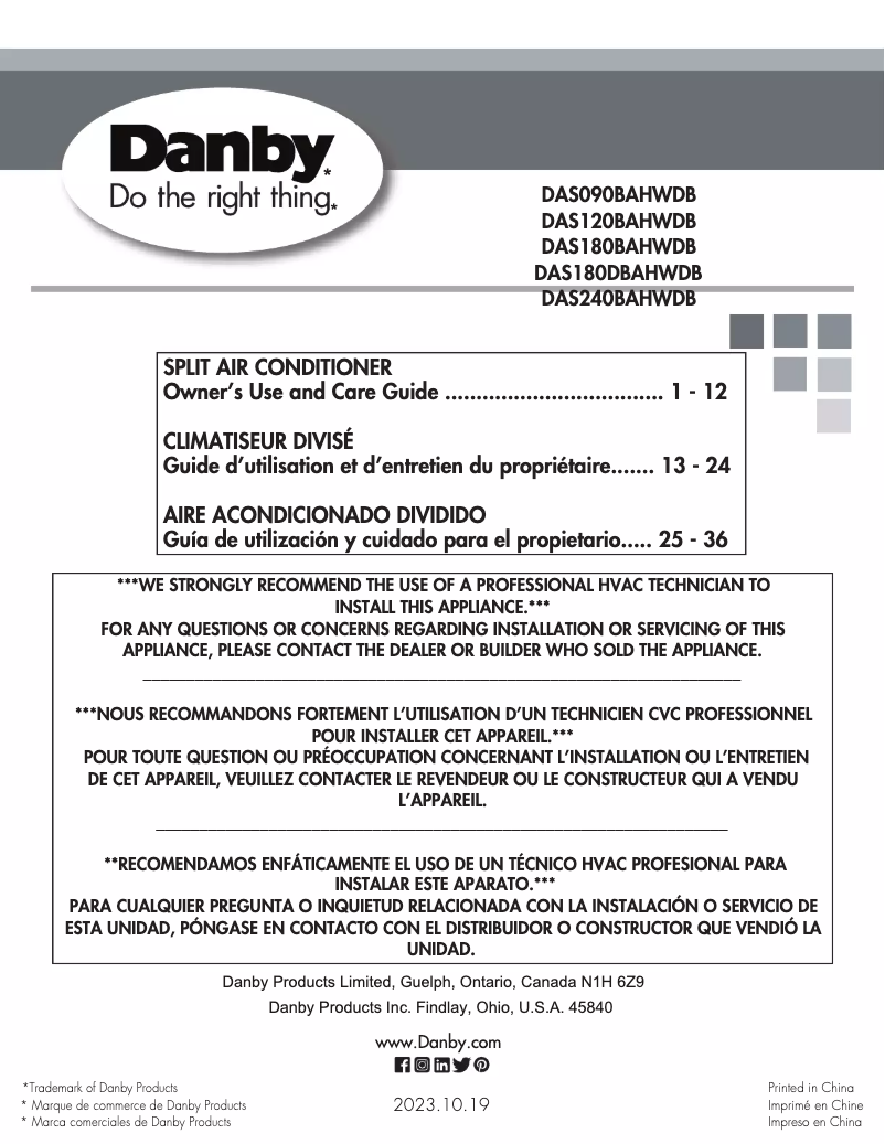 Page 1 de la notice Manuel utilisateur Danby DAS180BAHWDB