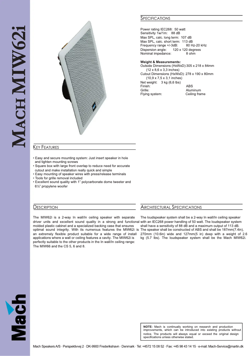 Page 1 de la notice Fiche technique Martin Mach MIW62i