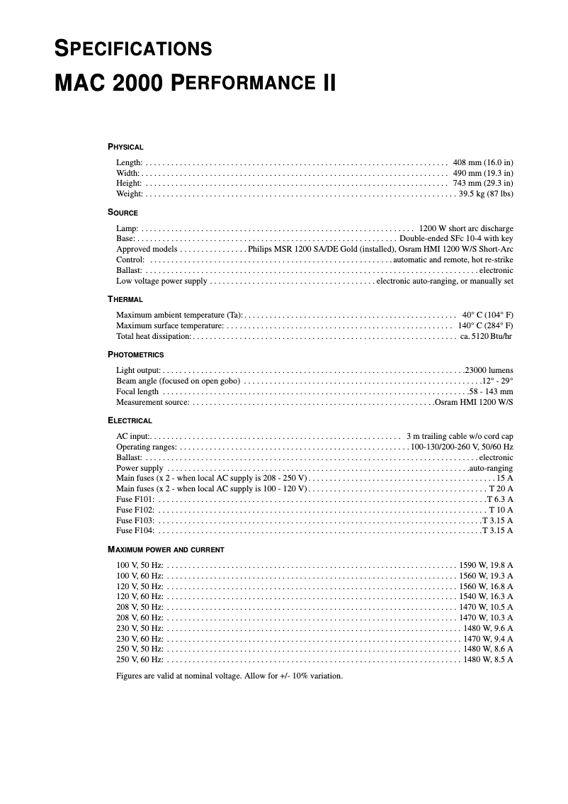 Page 1 de la notice Fiche technique Martin MAC 2000 Performance