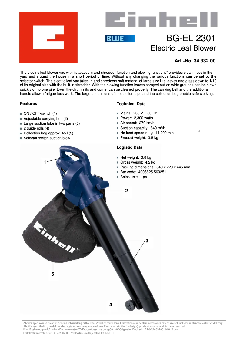 Page n°1 - Manuel utilisateur Einhell BG-EL 2301