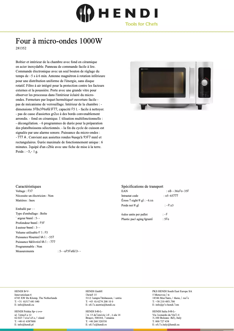 Page 1 de la notice Fiche technique Hendi 281352