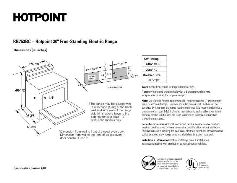 Page n°1 - Fiche technique Hotpoint RB753BCWH