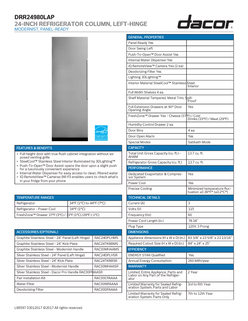 Page 1 de la notice Fiche technique Dacor DRR24980RAP