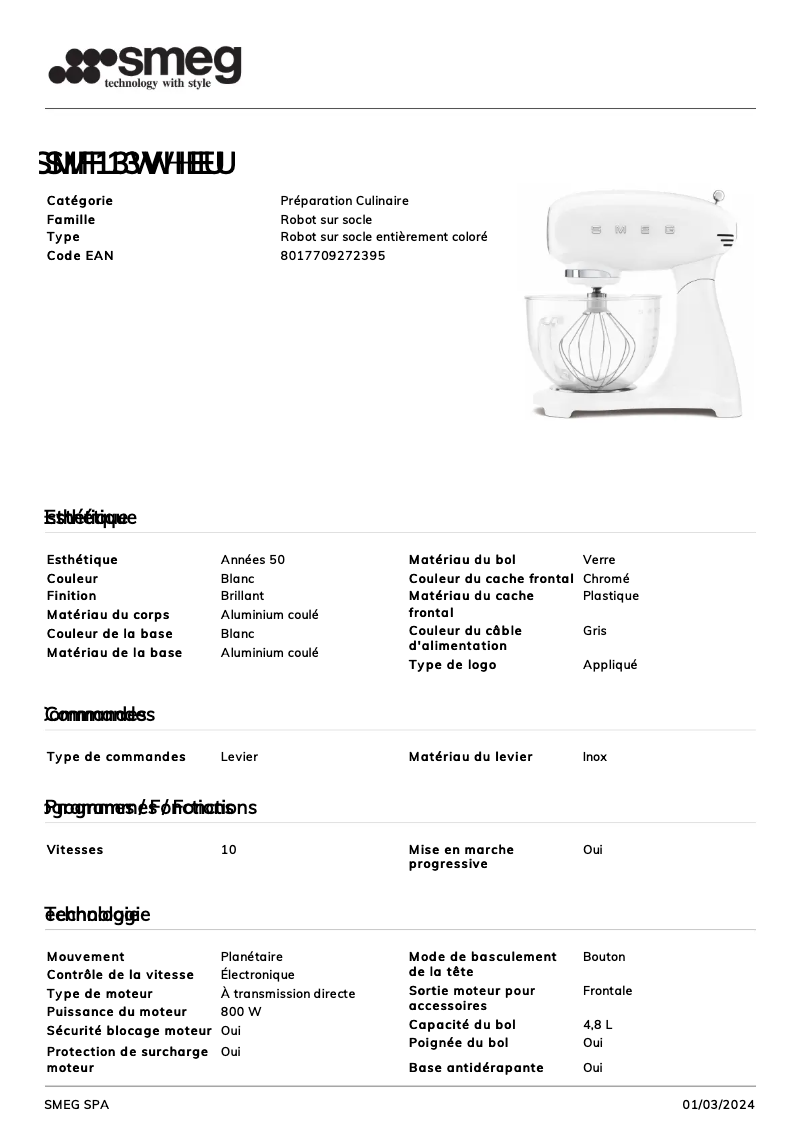 Page 1 de la notice Fiche technique Smeg SMF13