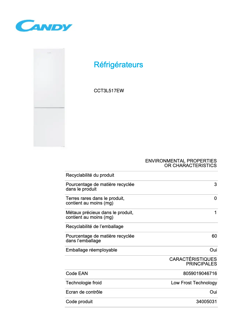 Page n°1 - Fiche technique Candy CCT3L517EW