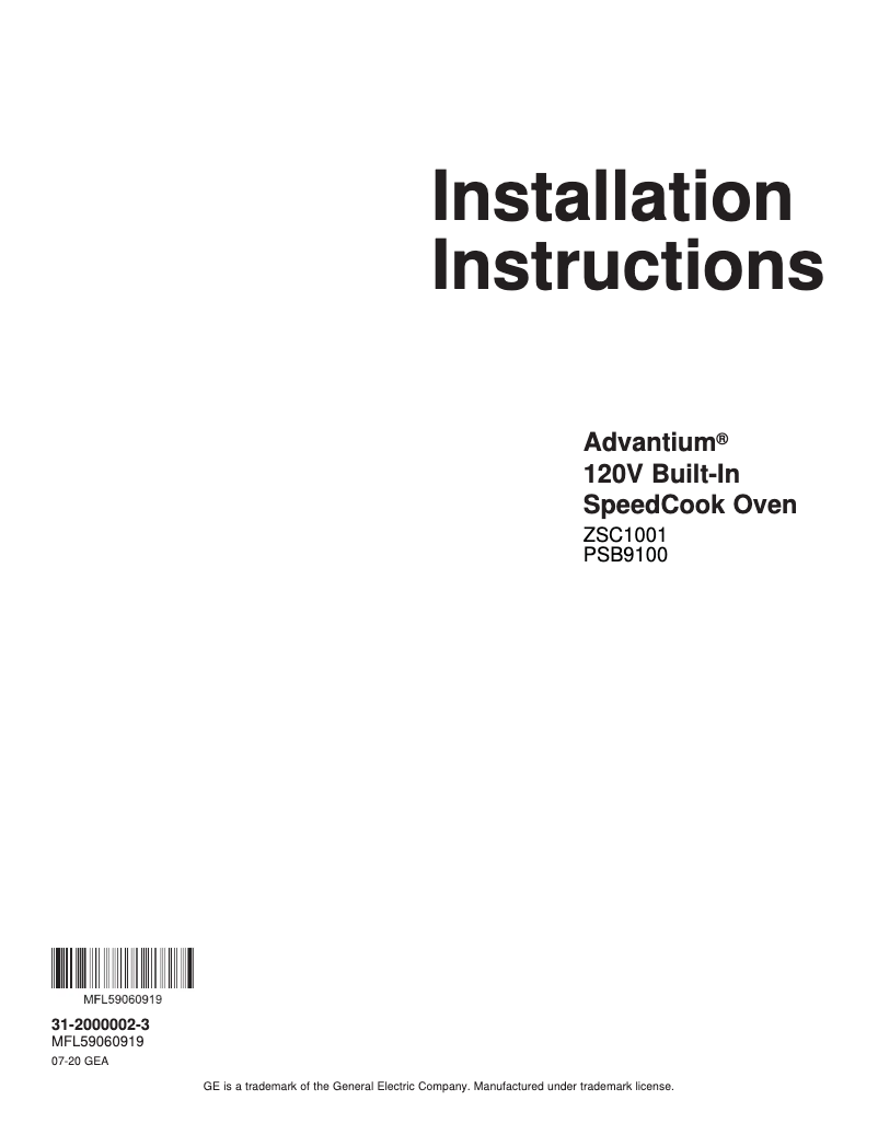 Page n°1 - Guide d'installation GE ZSC1001KSS
