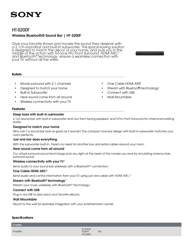 Page 1 de la notice Fiche technique Sony HT-S200F
