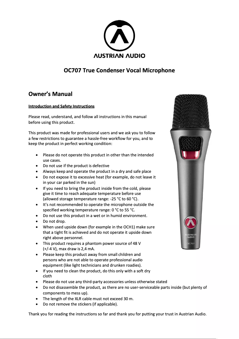 Page 1 de la notice Manuel utilisateur Austrian Audio OC707