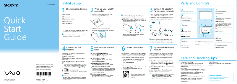 Page 1 de la notice Guide d'installation Sony Vaio Tab 21 SVT21223CXB