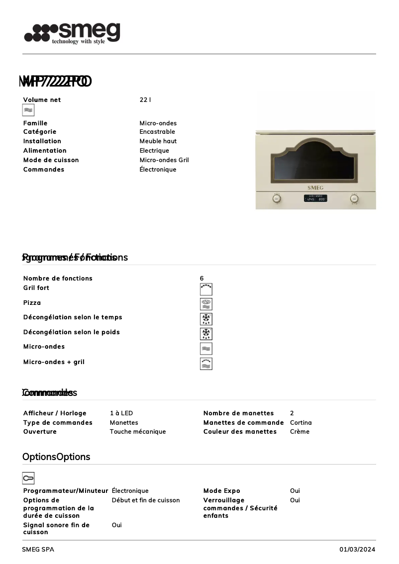 Page n°1 - Fiche technique Smeg MP722PO