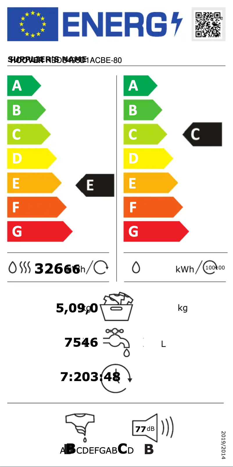 Page 1 de la notice Label énergétique Hoover H-WASH 300 LITE HBDS495D1ACBE-80