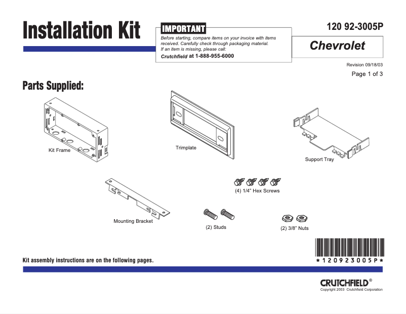 Page n°1 - Manuel utilisateur Metra 92-3005P