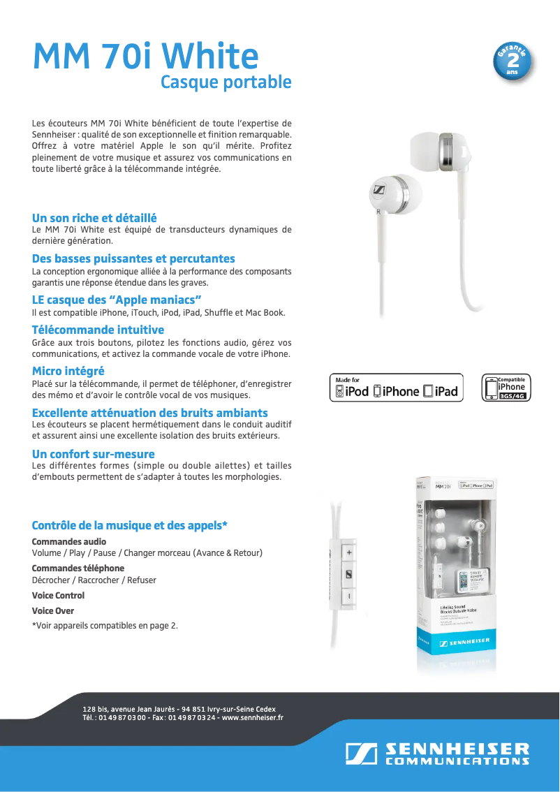 Page 1 de la notice Fiche technique Sennheiser MM 70i