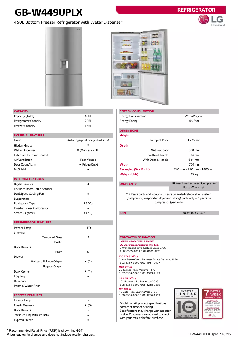 Page 1 de la notice Fiche technique LG GB-W449UPLX