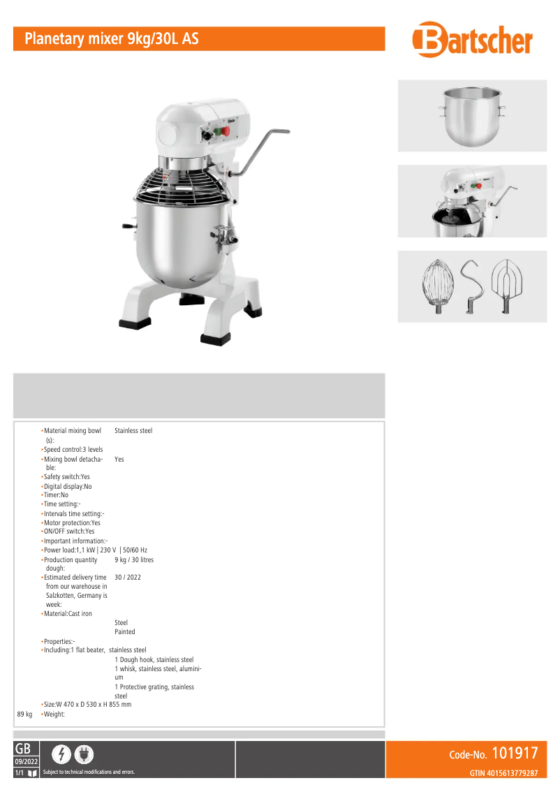 Page 1 de la notice Fiche technique Bartscher 101917