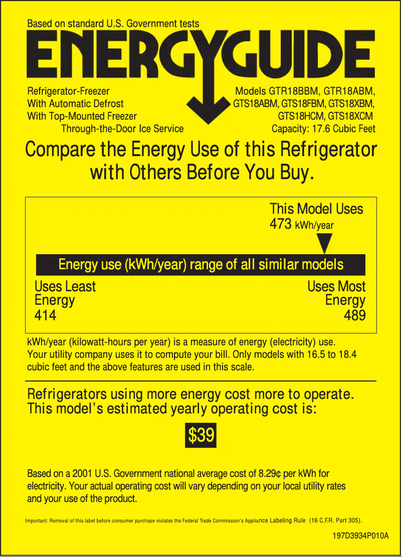 Page 1 de la notice Label énergétique GE GTR18BBMAA
