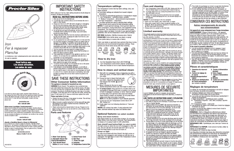 Page n°1 - Manuel utilisateur Proctor Silex 17135YZ