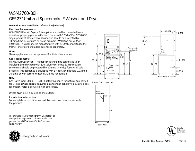 Page n°1 - Fiche technique GE Spacemaker WSM2700HWW