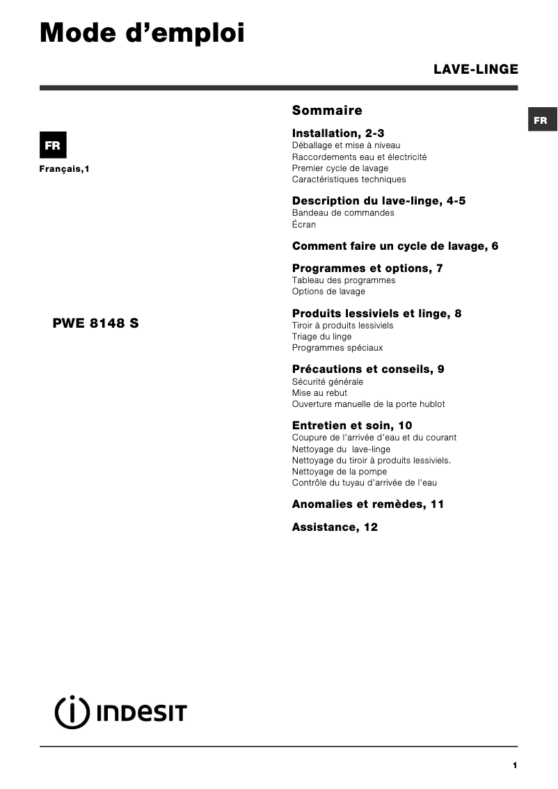 Page 1 de la notice Manuel utilisateur Indesit PWE 8148 S (FR)