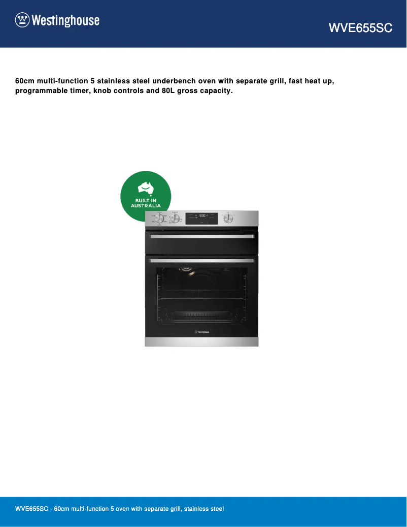 Page 1 de la notice Fiche technique Westinghouse WVE655SC