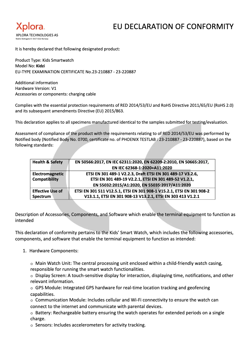 Page 1 de la notice Fiche technique Xplora Kidzi