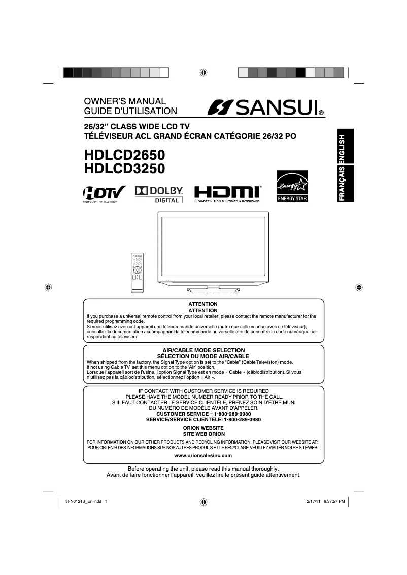Image de la première page du manuel de l'appareil HDLCD3250