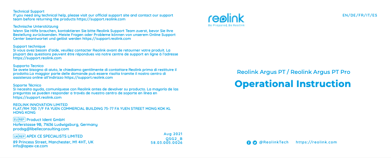 Page 1 of the manual User Manual Reolink Argus PT Pro