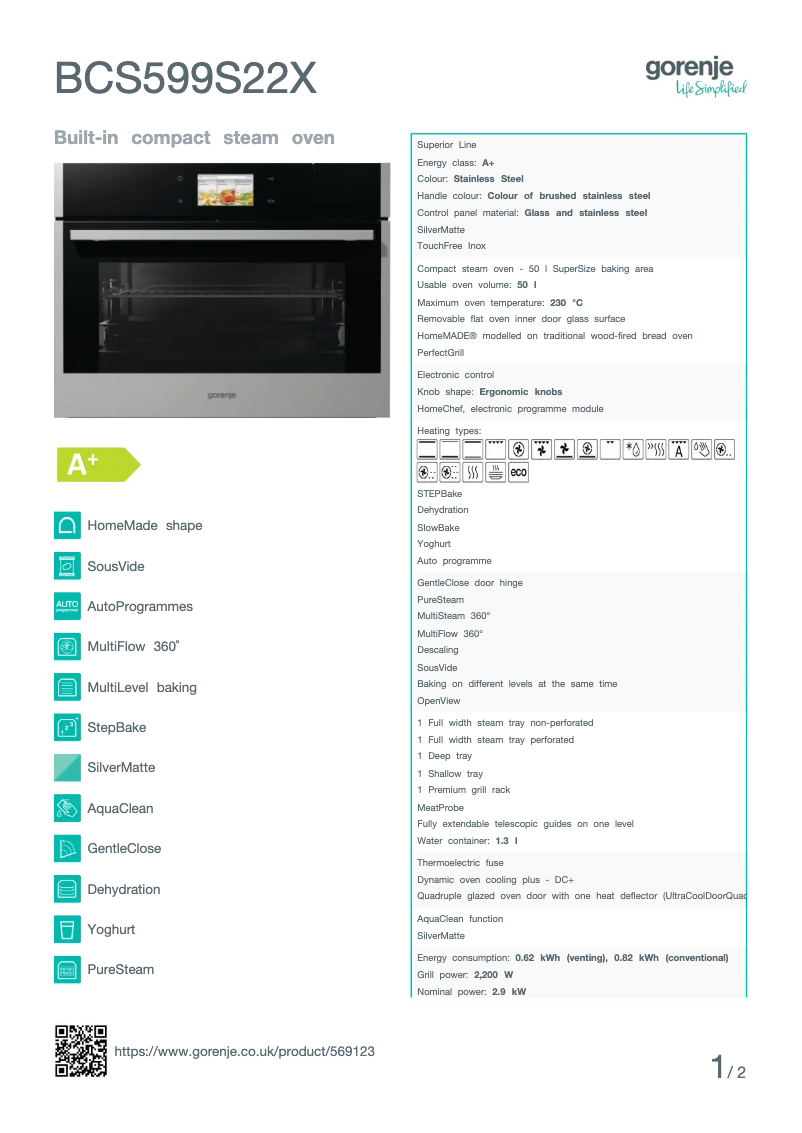 Page n°1 - Fiche technique Gorenje BCS599S22X
