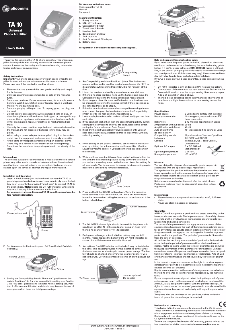 Page 1 de la notice Manuel utilisateur Amplicom TA 10