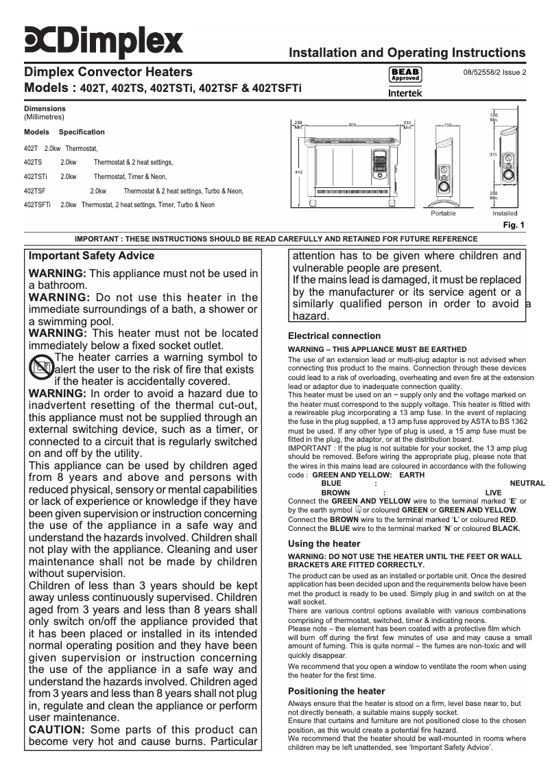 Page 1 de la notice Manuel utilisateur Dimplex 402TSFTi