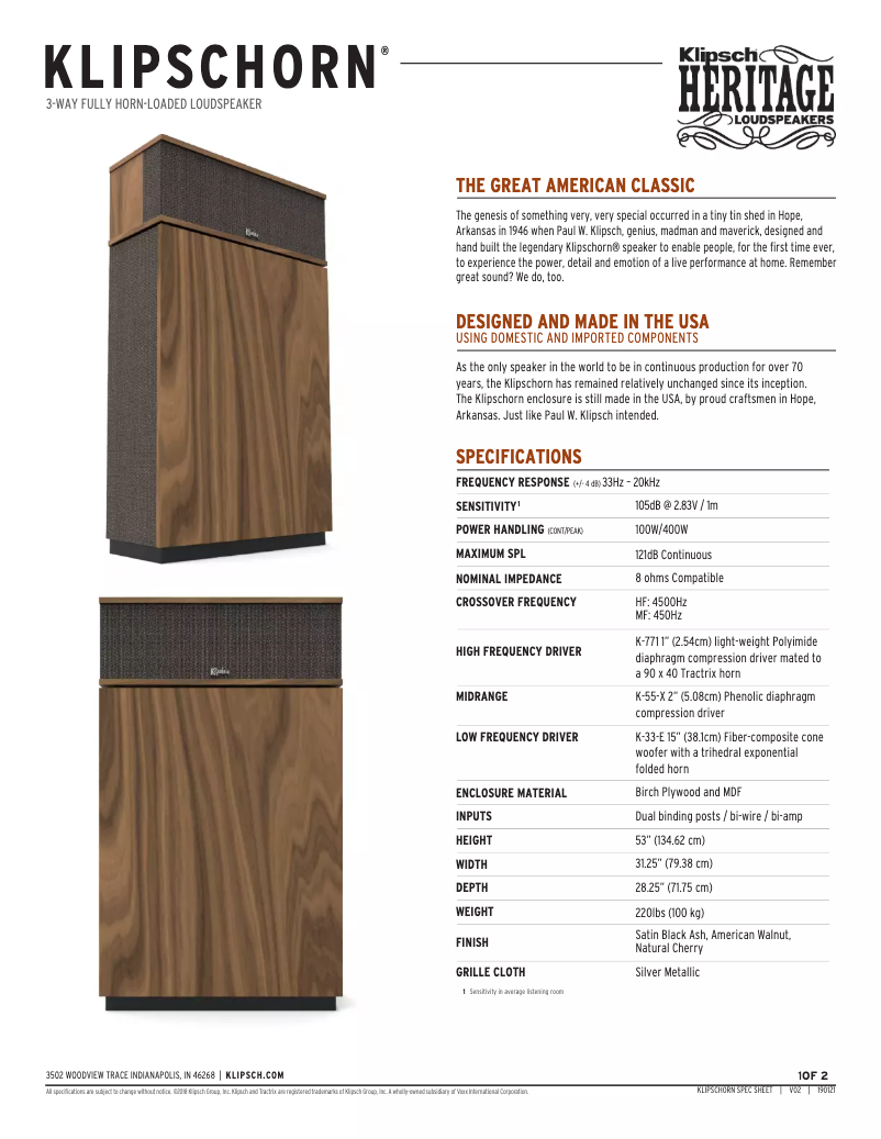 Page n°1 - Fiche technique Klipsch Heritage Klipschorn AK6