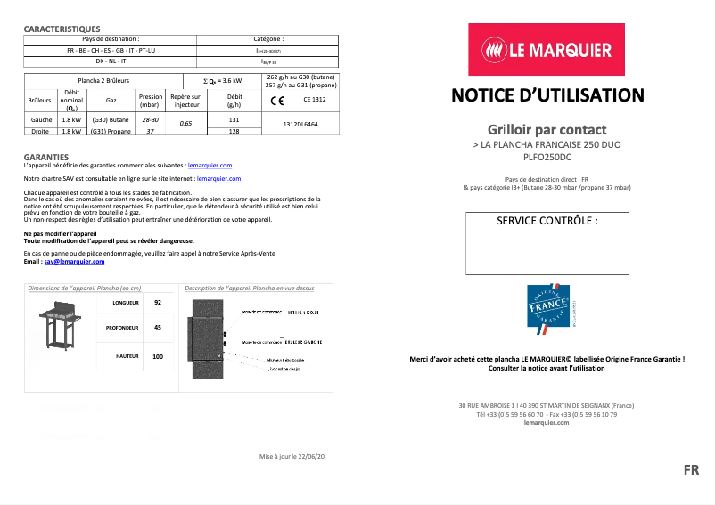 Page 1 de la notice Manuel utilisateur Le Marquier PLFO250DC