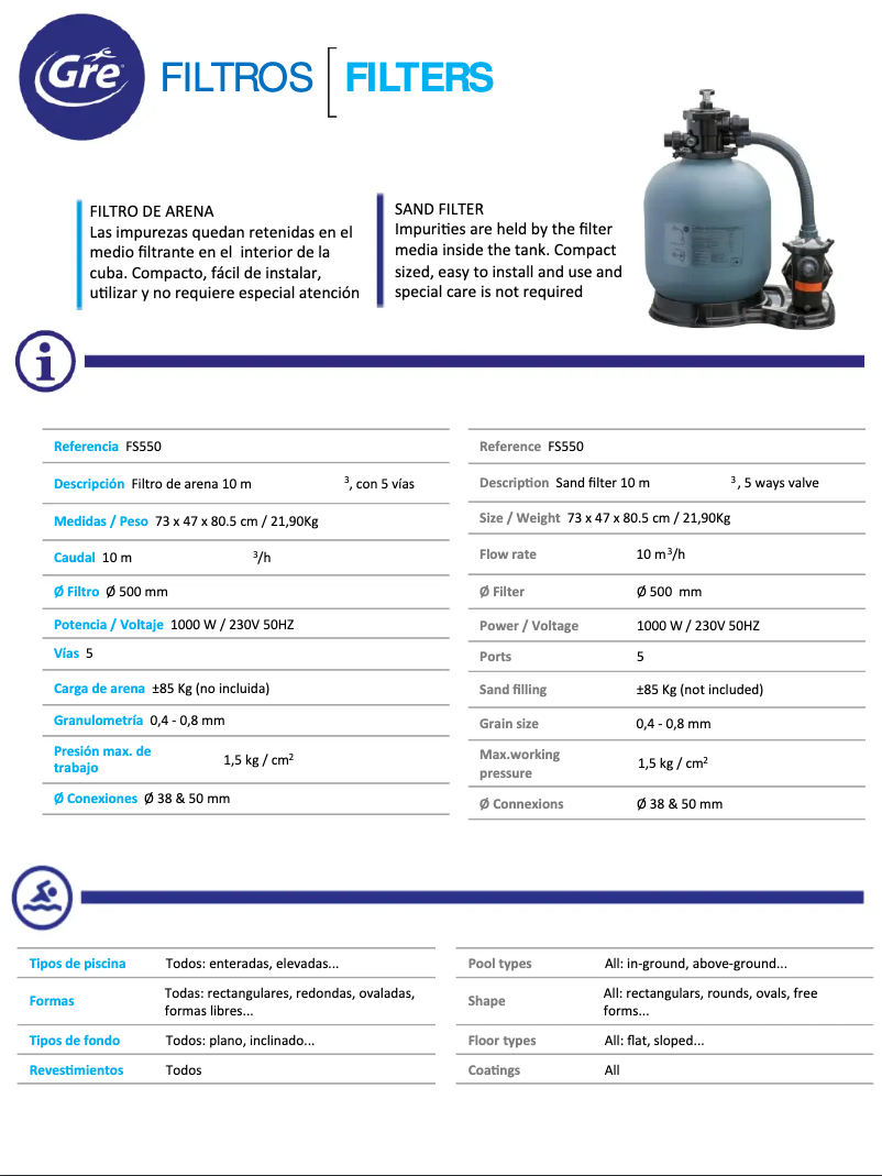 Page 1 de la notice Fiche technique Gre FS550
