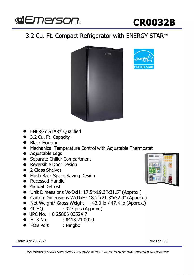 Page 1 de la notice Fiche technique Emerson CR0032B