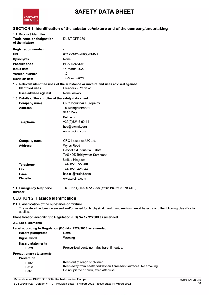Page 1 de la notice Manuel utilisateur Kontakt Chemie DUST OFF 360