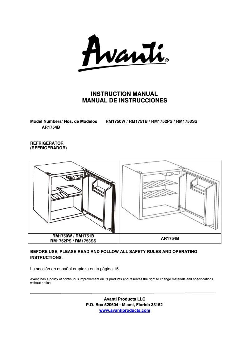 Page 1 de la notice Manuel utilisateur Avanti AR1754B