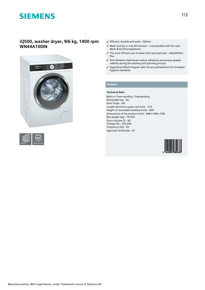 Page 1 de la notice Fiche technique Siemens WN44A100IN