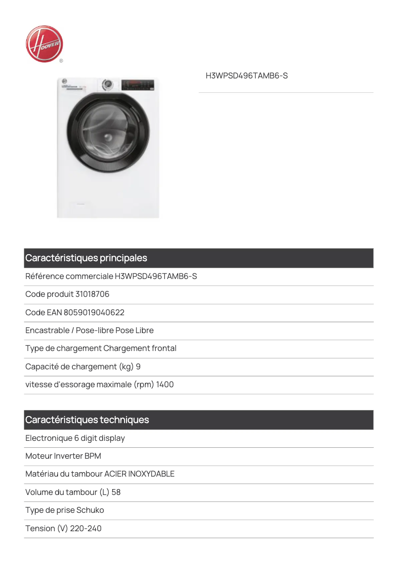 Image de la première page du manuel de l'appareil H3WPS6106TAMB-S